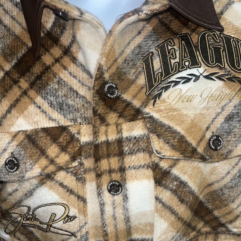 Smoke Rise Men's Vegan Leather Collar Plaid Shacket Shirt XL Maple League - Picture 4 of 15